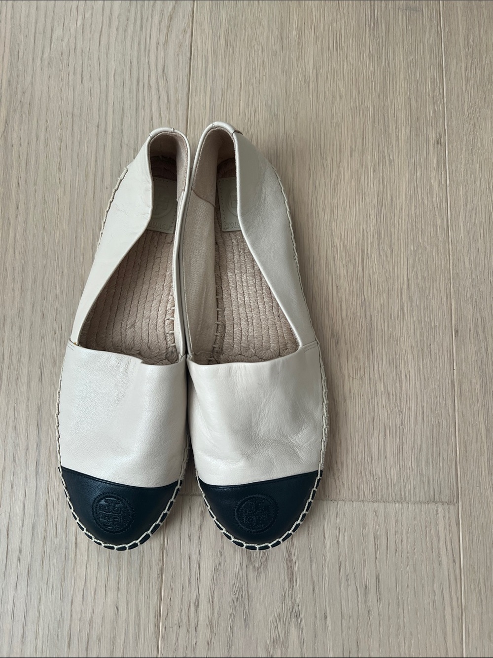 Tory Burch Two-Tone Leather Espadrilles in Beige and Black
